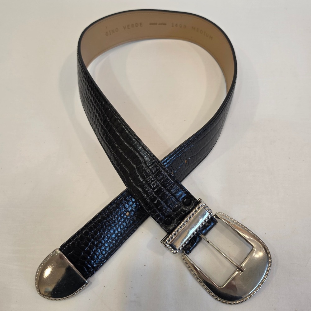 Gino Verde 1499 Black Croc Embossed Leather Western Belt Silver Buckle Medium
